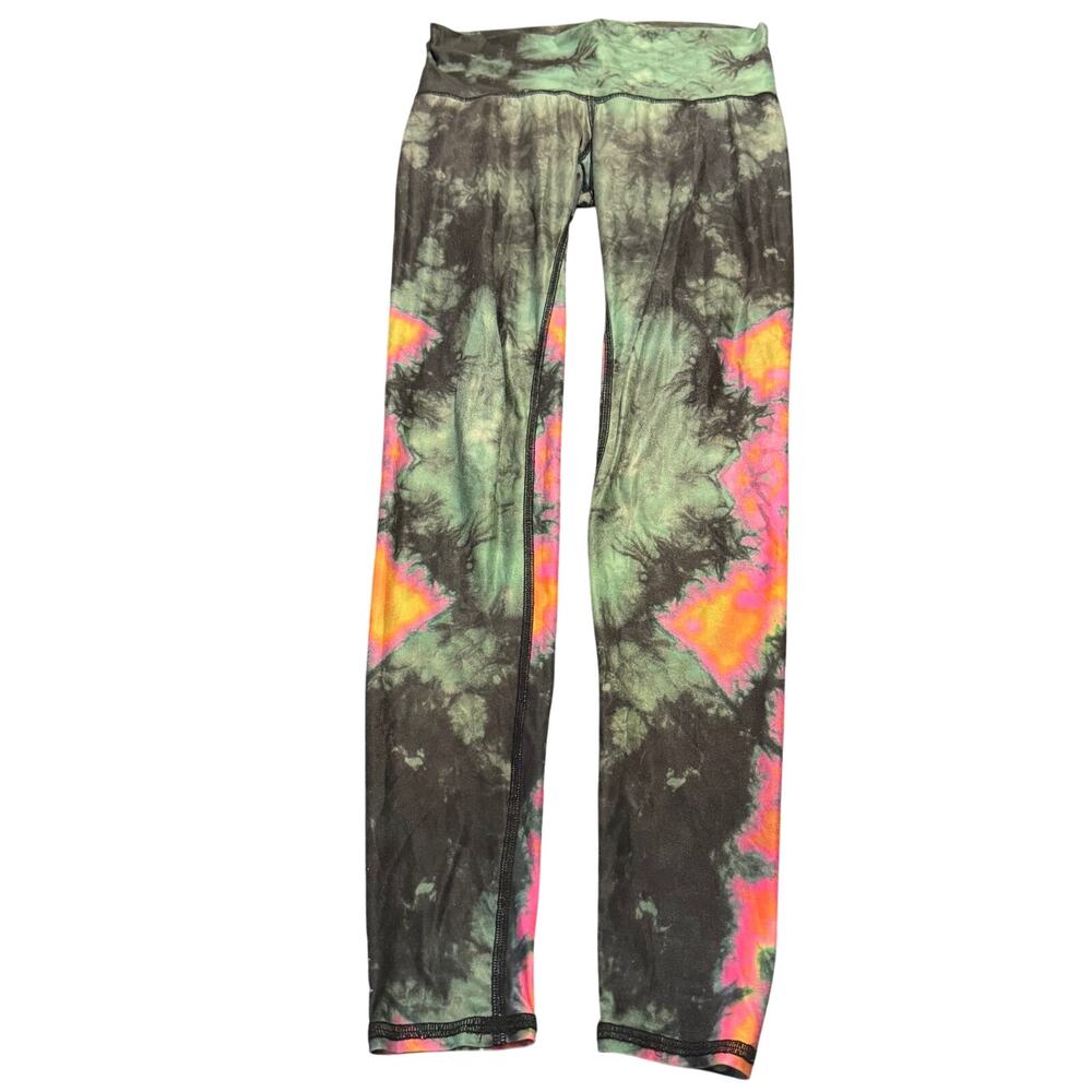 Teeki bright colorful leggings w feathers on calf tie dye sz S hippie yoga activ